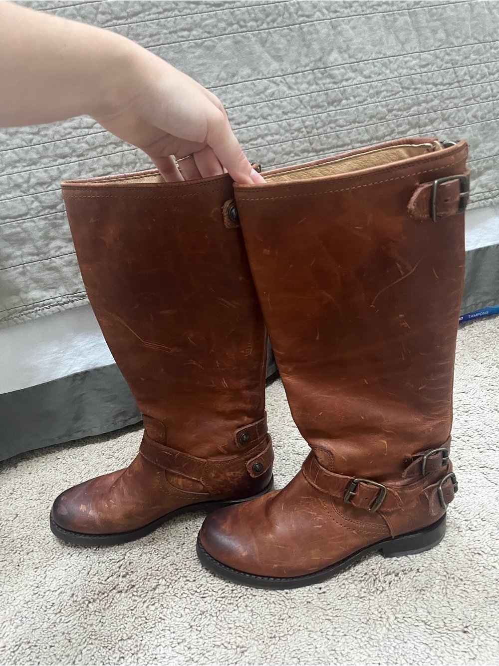 FRYE Tall Moto Engineer Boots Cognac Brown Leather Back Zip Women's 6.5